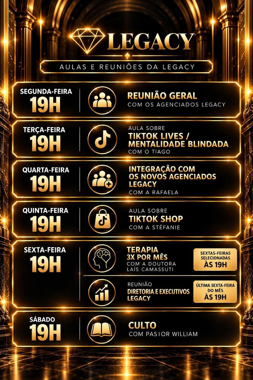 Cronograma semanal de aulas e reuniões da Legacy